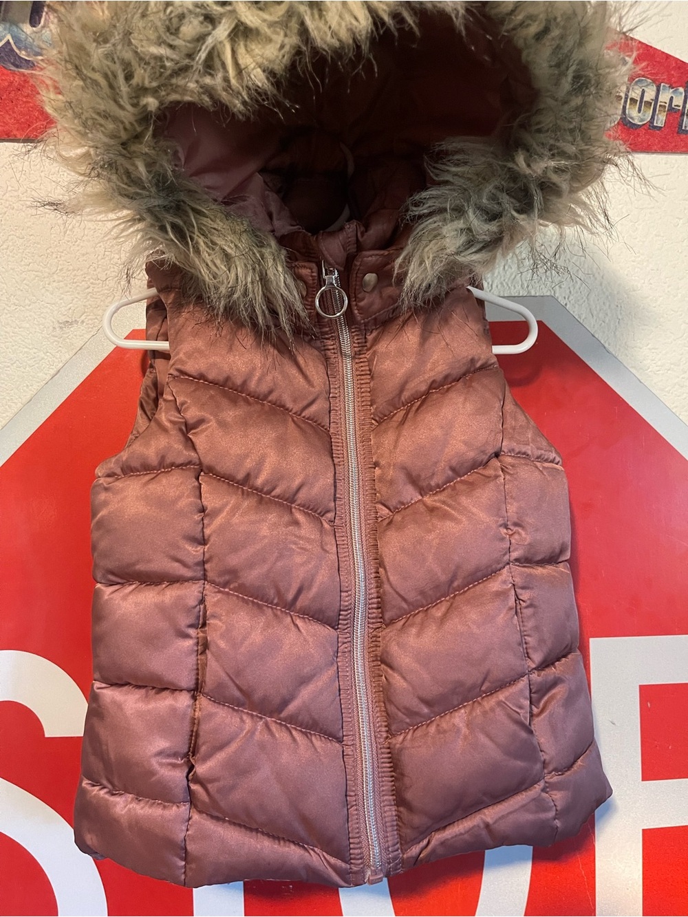 H&M Girls Quilted Faux-Fur Hood Vest - Dusty Rose Brown